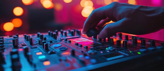 A hand reaches out to adjust a knob on a DJ mixing board. The board is lit with colorful lights.