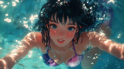 Anime girl with blue eyes submerged in water.