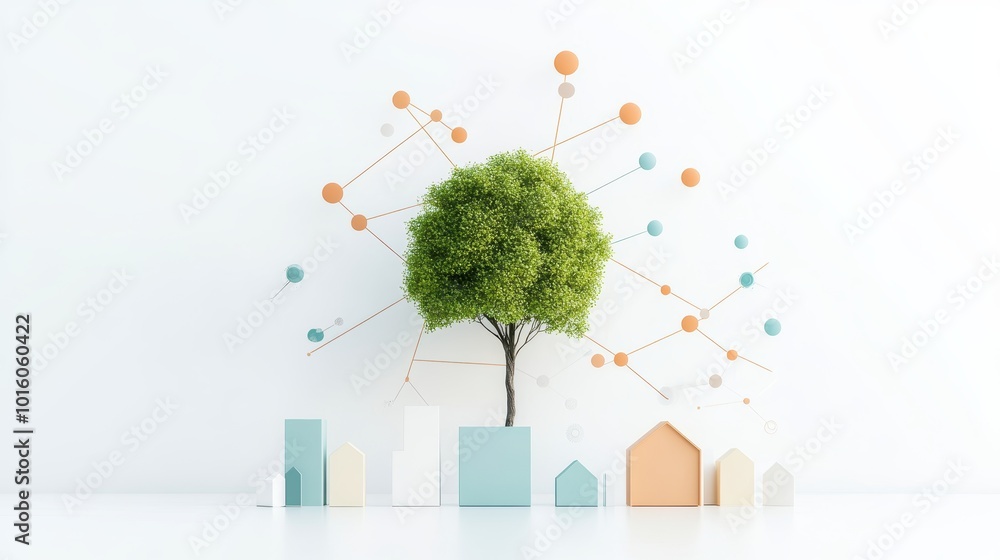 Poster a graphic illustration depicting a network connecting various business units, symbolizing the interc