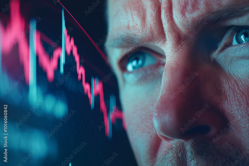 Poster close-up of a worried businessman analyzing a declining interest rate graph, visualizing an economic