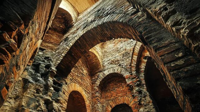 A low angle shot of a brick archway in an ancient structure, the light streaming through the top