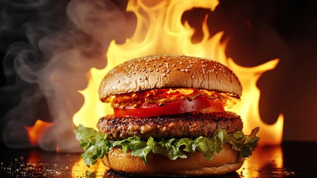 A juicy burger sits in front of a roaring flame, ready to be devoured