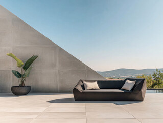 Stylish outdoor seating area with modern furniture and scenic landscape in daylight