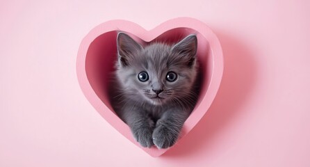 gray kitten crawls out of a heart on a pink background
