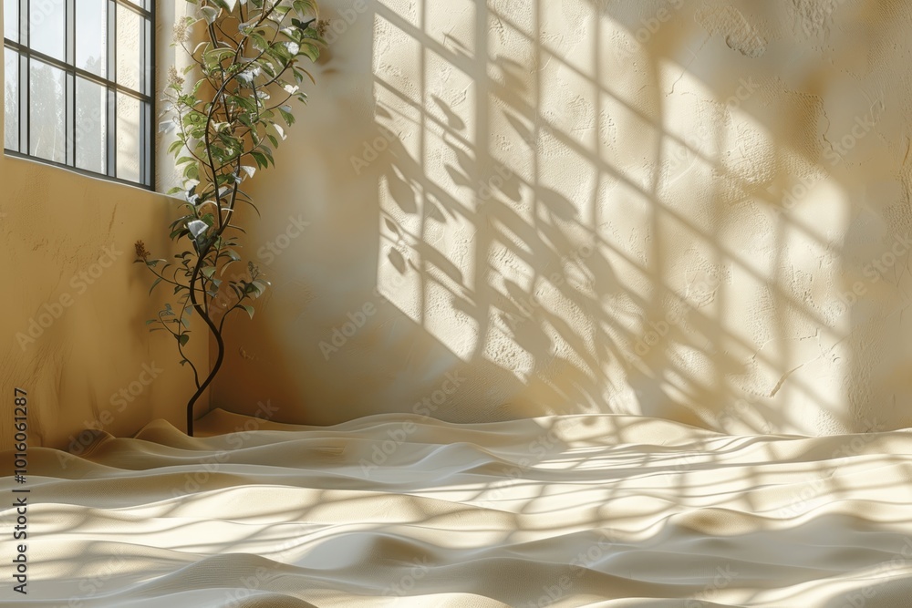 Poster light beige abstract background for product presentation with intricate window shadow and vegetation