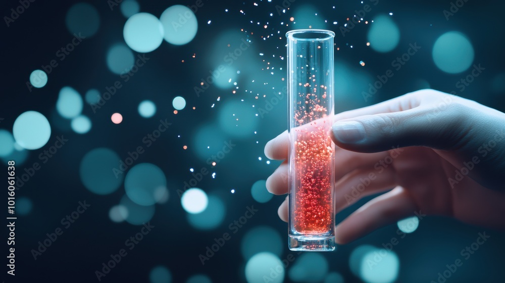 Poster a scientist holding up a test tube with a glowing solution, symbolizing the achievement of a key sci