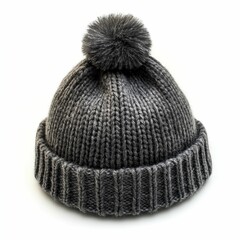 Fototapeta premium gray warm winter hat with pompom on white background