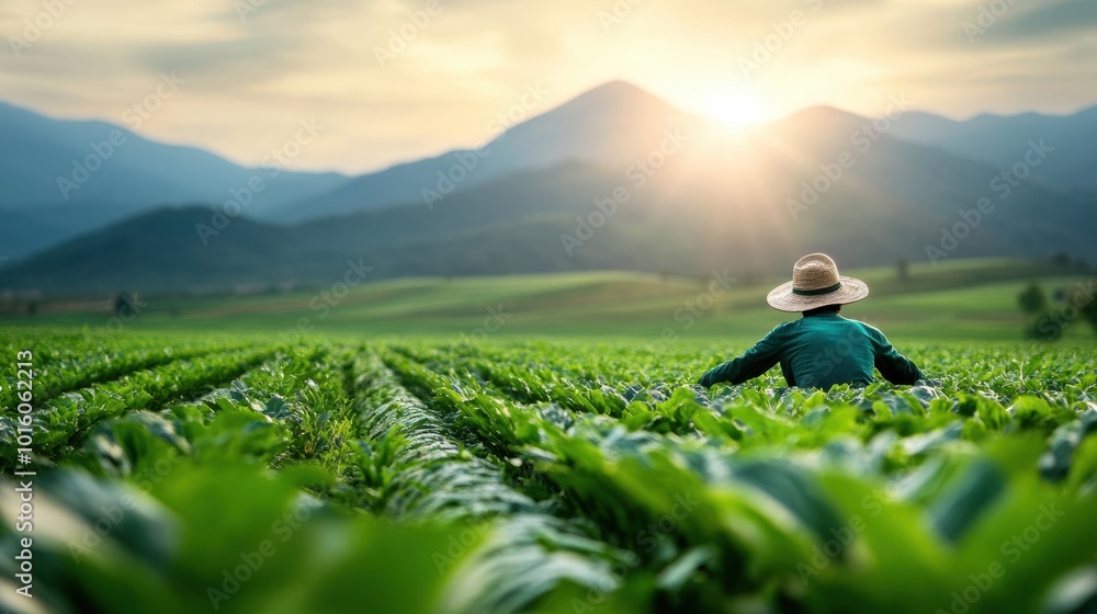 Poster a farmer using sustainable farming practices in a field.