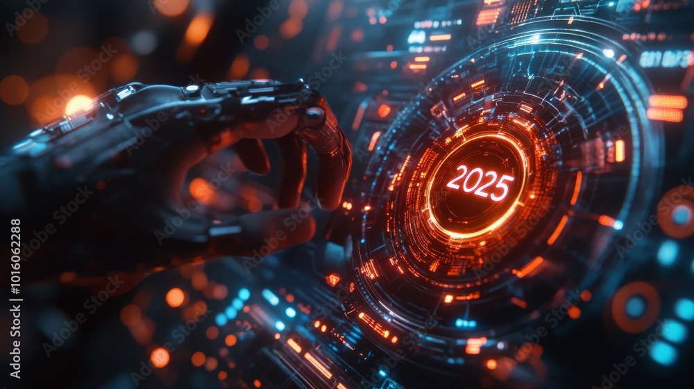 Poster a futuristic hand engages with a glowing interface showing the year 2025 in a digital scene