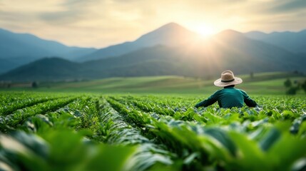 Fototapeta premium A farmer using sustainable farming practices in a field.