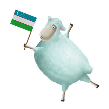 recommend clip art: Funny cartoon sheep with flag of Uzbekistan. Bright clip art on white background