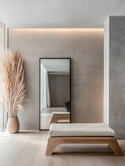 Modern interior featuring a minimalistic bench and decorative plant in a stylish living space
