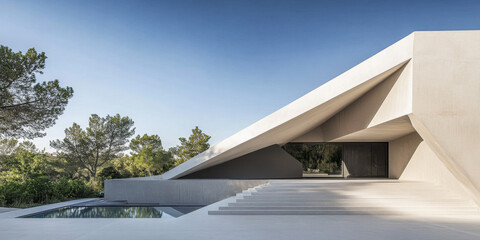 Modern architectural design featuring unique geometric structure and serene natural surroundings