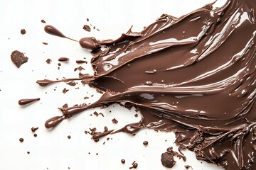 Fototapeta premium Liquid Melted Chocolate Splash and Splatter Isolated on Solid White Background for Delicious Dessert Creation and Cooking Ideas new beautiful stock image illustration AI