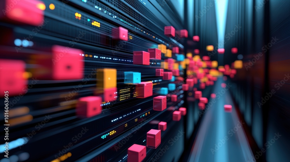 Poster a server rack filled with hard drives, showcasing the storage and transfer of large amounts of data 