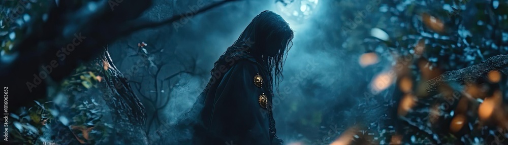 Poster a mysterious figure in a dark forest, bathed in ethereal light, creating an enchanting and mystical 