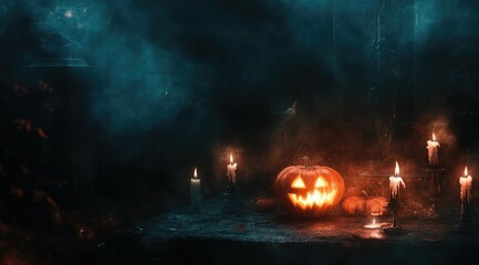Naklejka premium Halloween background with burning candles and a carved pumpkin on a table, spooky witch background