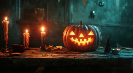 Obraz premium Halloween background with burning candles and a carved pumpkin on a table, spooky witch background