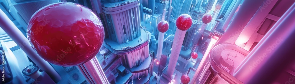 Poster abstract futuristic scene with vibrant colors, featuring red spheres and glowing vertical structures