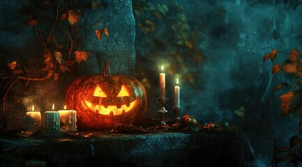 Naklejka premium Halloween background with burning candles and a carved pumpkin on a table, spooky witch background
