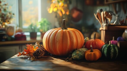 Beautiful autumn kitchen scene with colorful pumpkins and fall leaves on the table