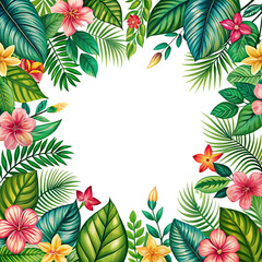 Tropical floral border, vibrant jungle leaves, exotic flowers, monstera foliage, hibiscus blooms, palm fronds, lush green botanicals, white background