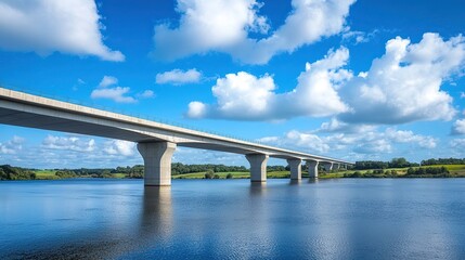 Fototapeta premium Concrete bridge crossing the river with a view of bright blue sky and white clouds in the background