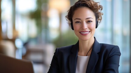 Fototapeta premium Professional businesswoman standing while wearing headphones and looking at camera in office