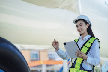 Woman engineer in white hardhat standing and holding tablet working aircraft maintenance mechanics moving through hangar.