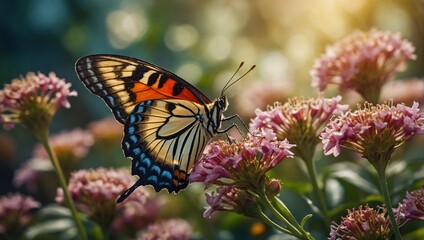 Obraz premium A butterfly perched on a cluster of flowers, displaying its striking orange wings adorned with black and white spots, with hints of blue near the edges. The surrounding flowers are in shades of pink a