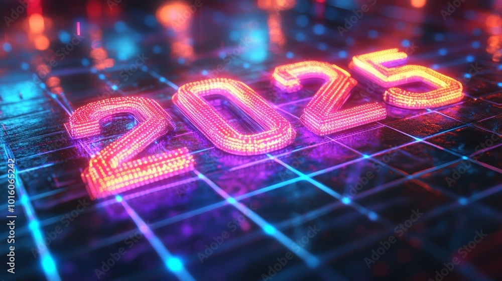 Poster neon number 2025 displayed on a high-tech cyber grid surface at night with colorful lights