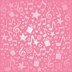 Pink Seamless pattern wallpaper of musical notes, gift box, stars. Good for textile fabric design, wrapping paper, website wallpapers, textile, wallpaper and apparel. Vector illustration