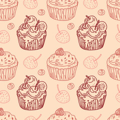 Cute cartoon cupcakes with seamless pattern. Hand-drawn sweets.