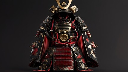 Traditional Japanese Samurai Armor with Intricate Gold and Red Details.