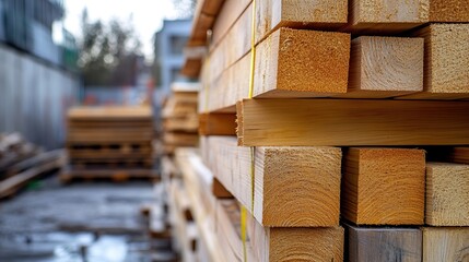 Obraz premium Construction site with wood material. Building contractor and real estate development concept