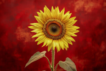 A vibrant sunflower stands tall against a red textured background, showcasing its bright yellow petals and intricate center.