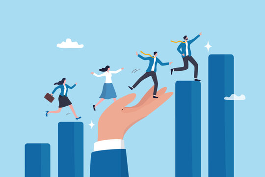 Growth assistance, support or help to success, growing business, career path or leadership helping employee achievement, manager support concept, businessman hand help people climb growth graph.