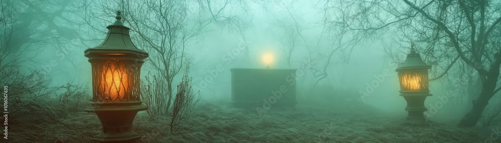 Poster a mystical foggy landscape featuring glowing lanterns surrounded by ethereal trees, creating a haunt