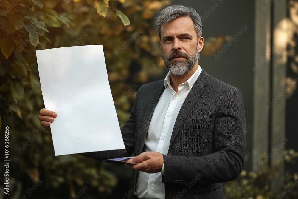 Wall mural business man holding up a blanc sheet of paper