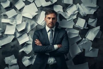 business man holding up a blanc sheet of paper with sheets flying in the background