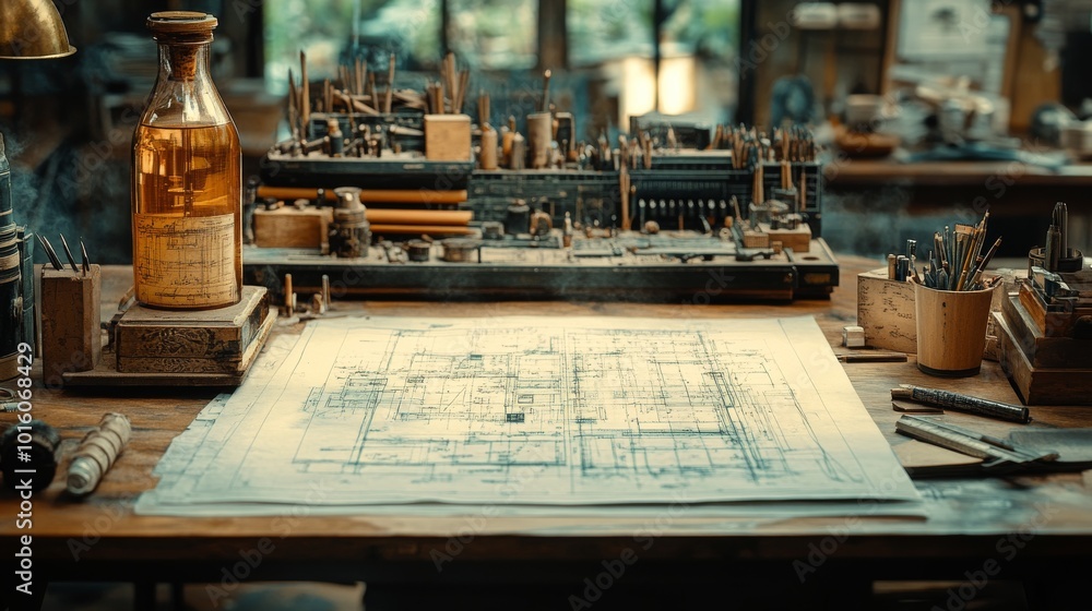 Poster a detailed architectural table with blueprint detail design and drafting