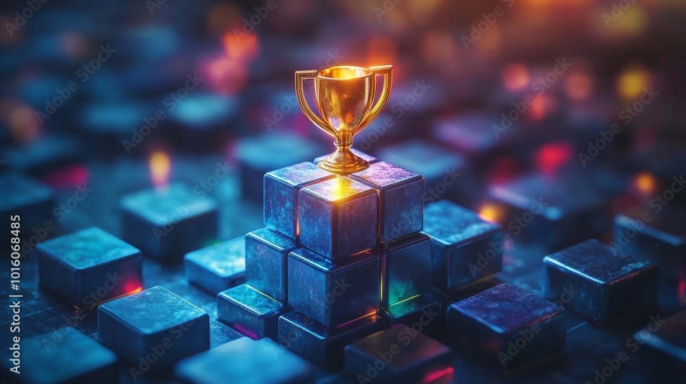 Poster a golden trophy placed on top neon block 3d line isometric teamwork infographic communication presen