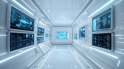 Futuristic Sci-Fi Hallway Interior with Computer and Monitor Screen on Wall, 3D Rendering. 