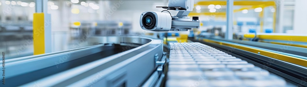 Poster high-tech factory with automated camera monitoring production line. streamlined machinery ensures ef
