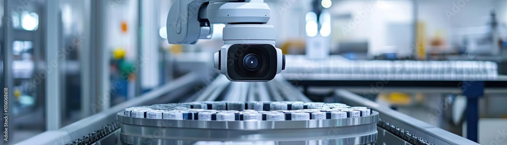 Poster close-up of a robotic camera in a factory, focusing on precision manufacturing and automation techno