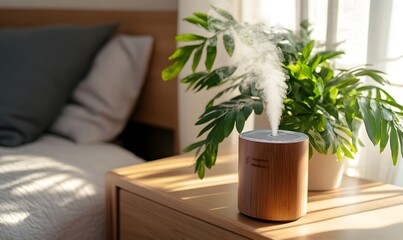 A modern air humidifier placed next to a houseplant on a bedside table, Generative AI 