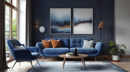 Modern Scandinavian living room with blue sofa and armchair near window, wooden coffee table, white floor, dark wall, mock up frame
