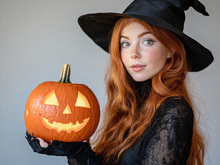 halloween witch with ginger hair with pumpkin