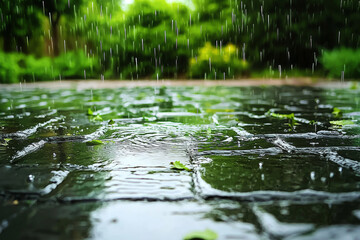 Fototapeta premium A close-up view of rain falling on a wet, textured surface, surrounded by lush greenery, creating a serene and tranquil atmosphere.