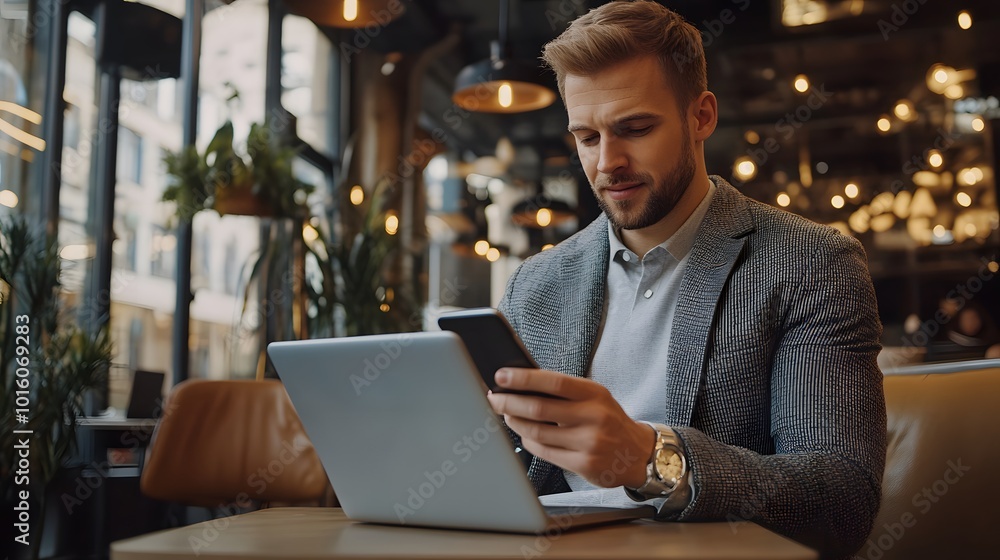 Poster man in a cafe looking at a phone with a laptop open in front of him